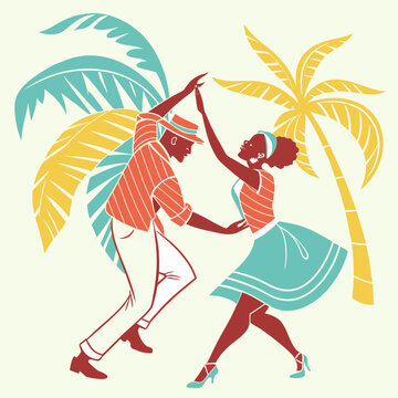 Couple dancing salsa with palm trees vibrant.