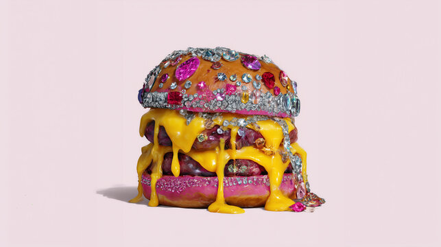 Surreal food concept of a pink hamburger covered in rhinestones and glitter, set against a pink background.