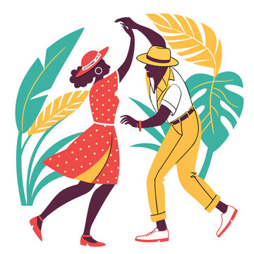 Couple dancing passionate latin dance on tropical leaves.