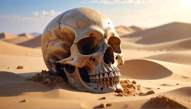 A human skull in the desert with sand dunes