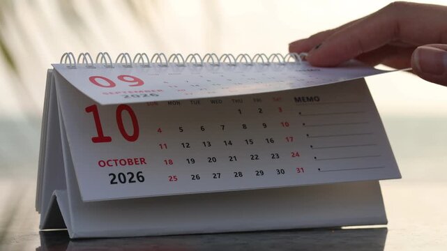 Slow motion footage of flip calendar pages for change months from september to october of the year 2026. concept of planning and starting a new month. 4k horizontal.