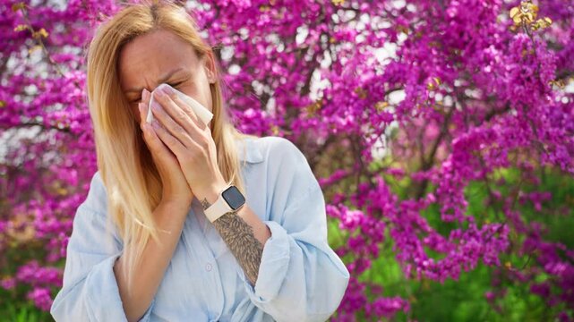 Woman with hay fever sneezing and blowing nose from pollen allergy in park with blooming trees. Seasonal health problems, sickness and allergic rhinitis concept