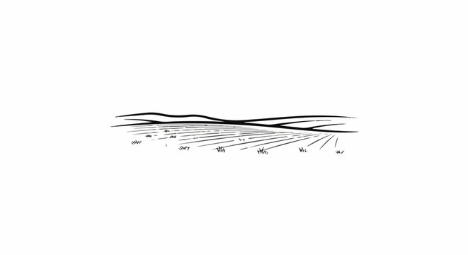 A minimalist black and white illustration depicts rolling hills and a cultivated field