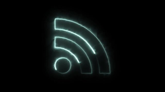 Neon rss feed icon a glowing symbol of web syndication and content updates in a dark setting
