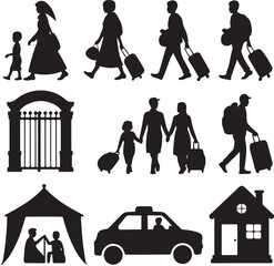 Diverse group of people in silhouette walking with luggage and children near a gate tent police car and building representing migration and displacement silhouette © Masud