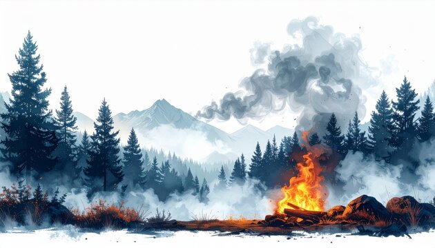 Wildfire in a forest landscape with smoke rising over pine trees and mountains