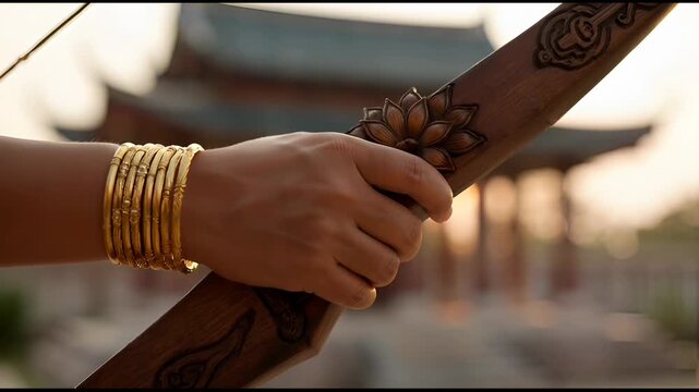 Hand holding  Carved Wooden Traditional Bow