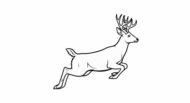 A line drawing of a deer with large antlers in mid-leap