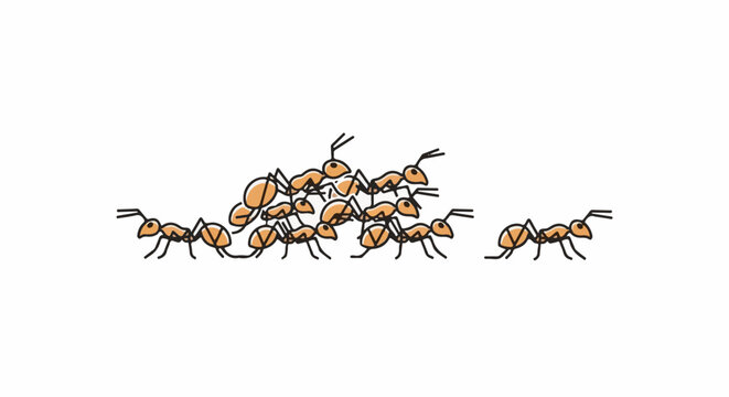 A line of orange ants on a white background
