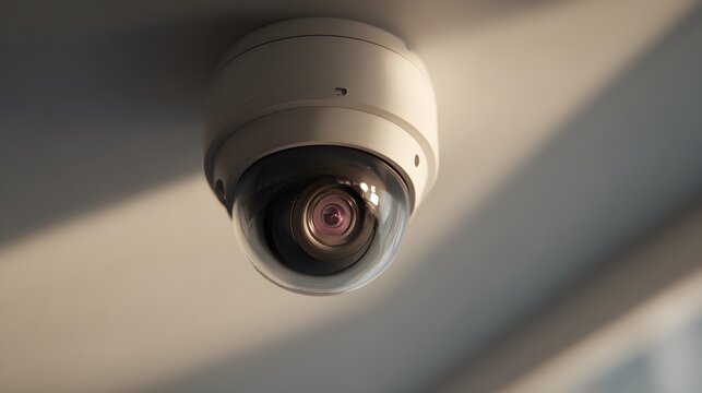 Modern indoor security camera hanging from ceiling, human eye embedded in the lens watching the room, soft shadows and clean composition, symbolic surveillance theme, ultra detailed 8k