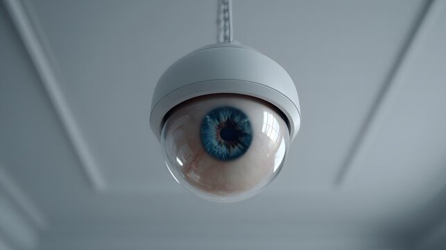 Modern indoor security camera hanging from ceiling, human eye embedded in the lens watching the room, soft shadows and clean composition, symbolic surveillance theme, ultra detailed 8k