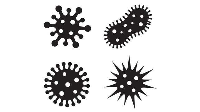 Virus cell icon set with black spiky germs and white dot particles for medical and biohazard illustrations