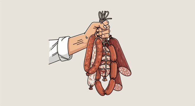A hand holds a bundle of assorted cured sausages on a plain background