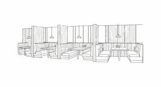 A line drawing of booth seating in a restaurant with tables and hanging lights