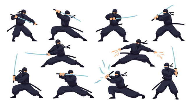 Detailed illustration of a ninja character in black traditional clothing shown in various combat poses and action scenes.