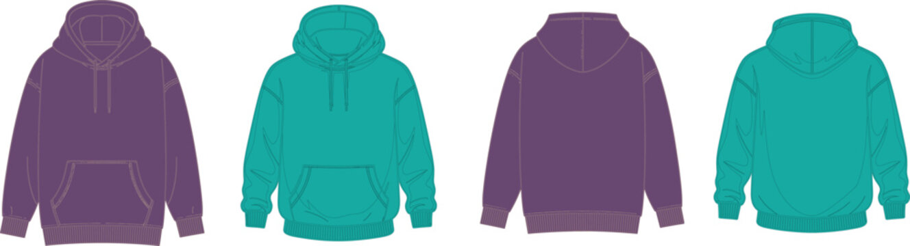 Pullover hoodie apparel vector collection, casual hooded sweatshirt with kangaroo pocket and ribbed trims, front back views &ndash; vector illustration