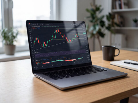 Laptop displaying trading chart on modern home office desk setup