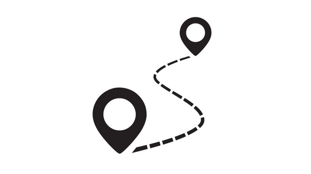 Map location pins connected by a dashed route line icon for navigation and directions planning featuring travel, itinerary, guidance with wayfinding