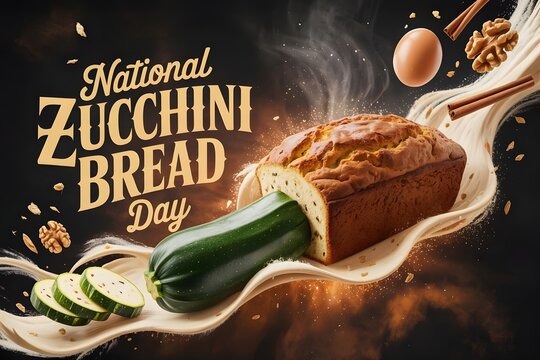 National Zucchini Bread Day Loaf with Ingredients Flying Around