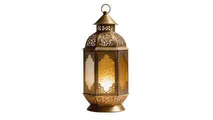 Ornate brass Moroccan lantern with intricate cutouts illuminated from within, isolated on transparent background © Lukas