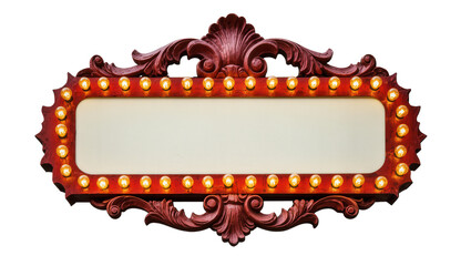 Ornate red marquee sign with glowing bulbs, isolated on transparent background © Lukas