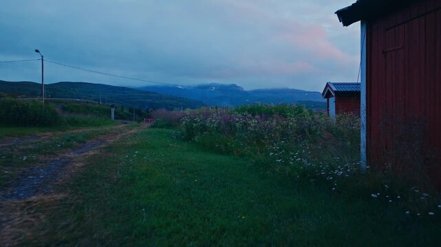Kokelv, Hammerfest, Finnmark, Norway - A Red Shed Stands Among Vibrant Fireweed, With Rolling Hills and Dusky Skies in the Background - Drone Flying Forward