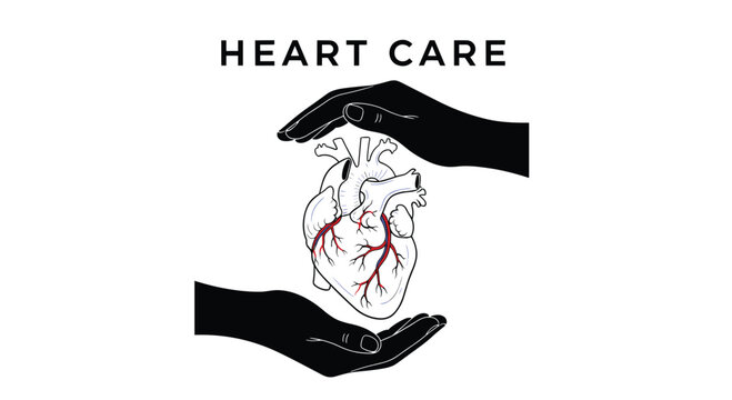 Two black silhouetted hands protective cupping around a human heart with heart care text above in a minimalist style.