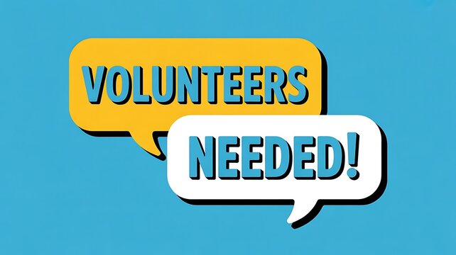 Volunteer recruitment, charity call, help needed, speech bubbles, blue background