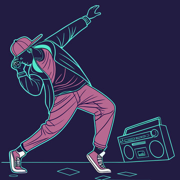 B-boy with boombox in neon outline.
