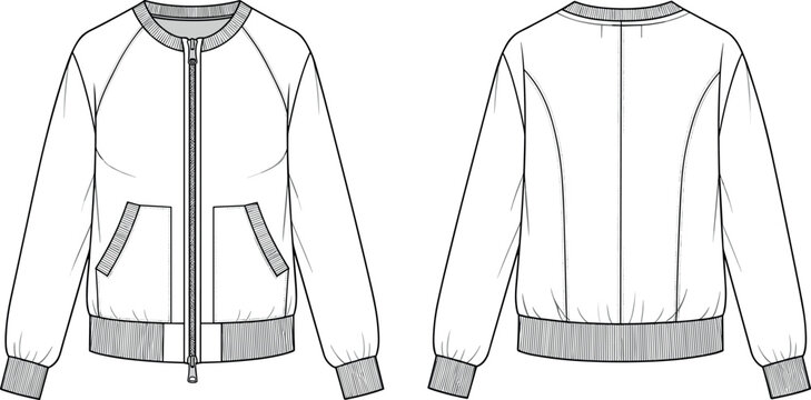 Blank bomber jacket technical flat sketch vector template showing front and back views with ribbed details and zipper closure outline
