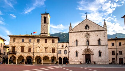 Obraz premium A scenic outdoor view in an Italian town square, featuring historical stone buildings and a towering bell