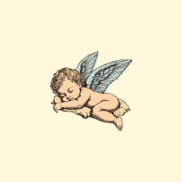 Vintage hand-drawn illustration of a cute little cherub angel with wings sleeping peacefully on a soft cloud, classic etching style.
