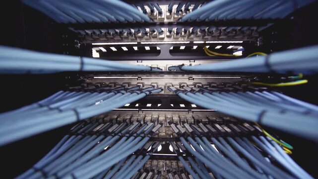 A close-up view of an organized network of cables in a server room, showcasing the complexity of data transmission and technology infrastructure
