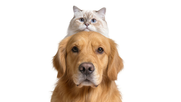 Golden Retriever dog with a fluffy Ragdoll cat balanced on its head, isolated on transparent background