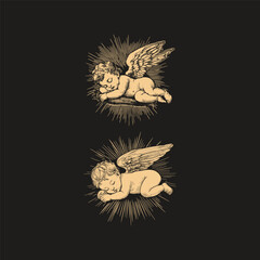 Naklejka premium Vintage hand-drawn illustration of a cute little cherub angel with wings sleeping peacefully on a soft cloud, classic etching style.