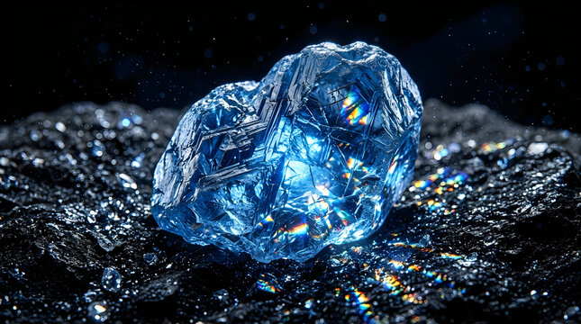 Luminous blue diamond raw gemstone, unpolished sapphire crystal on dark volcanic rock, glowing mineral specimen with prismatic light refraction