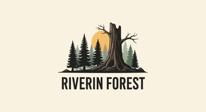 Stylized forest scene with prominent old tree, pine trees, and sun
