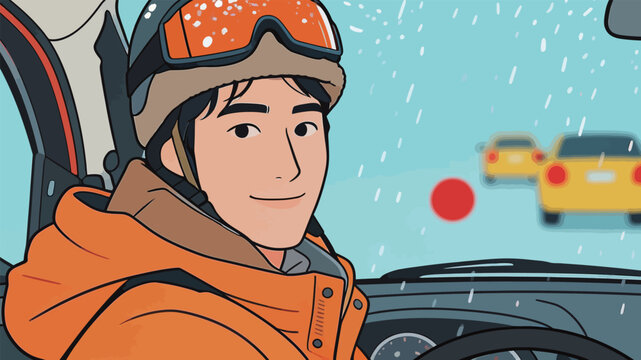 Young Man Driving in Snowy Weather