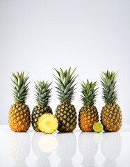 Fototapeta premium Five Whole Pineapples and Half a Pineapple with Lime Slice on White Surface with Reflections