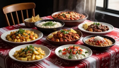 Obraz premium The table is set with various dishes, featuring rice and flavorful stews. Plates of food and garnishes create an inviting atmosphere for a meal.