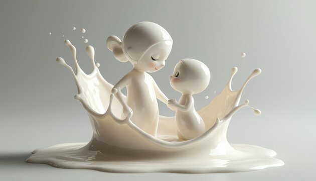 A woman and a child interact playfully in a splash of milk. The woman and child share a moment of joy surrounded by the white milk splash.