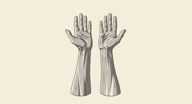 Two stylized open hands with detailed shading on a pale background