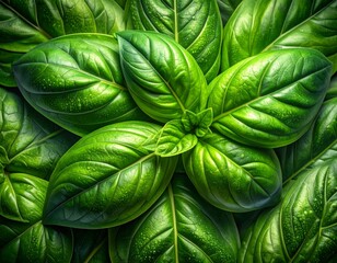 Fototapeta premium Vibrant Green Basil Leaves Close Up Wet Dew Drops Nature Freshness Healthy Food Ingredient