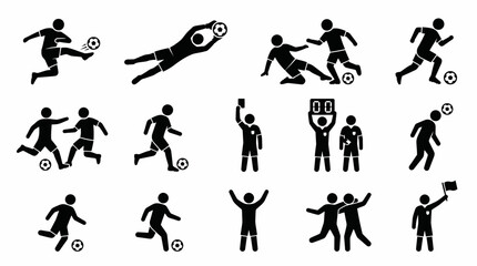 Fototapeta premium Soccer Silhouette Icons Players Referee Goalkeeper Dribbling Kicking Tackling Substitution Red Card Football Match Action Symbols Collection