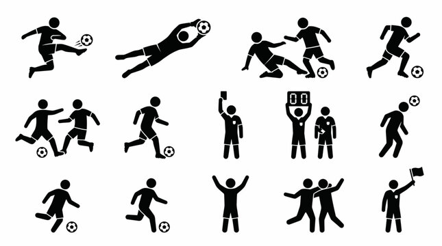 Soccer Silhouette Icons Players Referee Goalkeeper Dribbling Kicking Tackling Substitution Red Card Football Match Action Symbols Collection