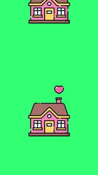 House love hearts icons animation on green background.