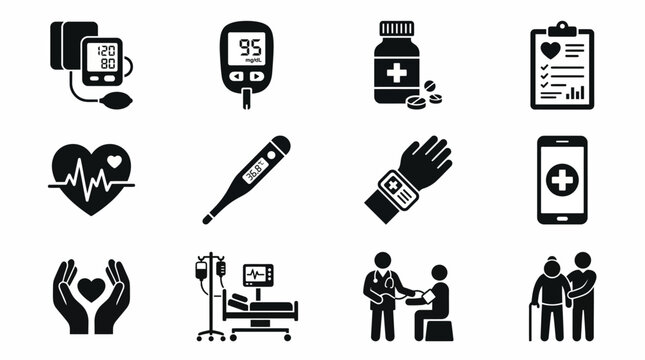 Medical Healthcare Icons Blood Pressure Glucose Medicine Charts Heart Thermometer Bracelet IV Doctor Patient Wellness