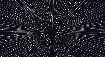 Obraz premium Dark blue abstract background with white dotted lines radiating from a central point for technology or speed concepts.
