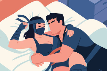 Beautiful Female Ninja Cartoon With Male Being Pampered Illustration Creative Design Template  © art88