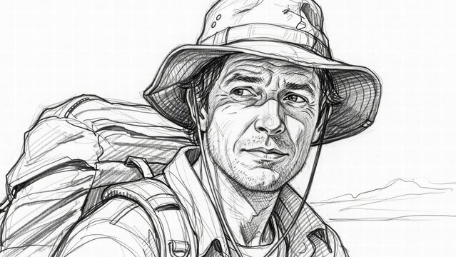 Adventurer's Resolve: A determined explorer, donned in a hat and backpack, gazes into the distance with unwavering resolve and a sense of discovery. 